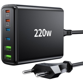 FINIBO USB C Ladegerät Mehrfach: 220W 6 Ports USB Schnellladegerät - PD USB C Netzteil + QC USB A Charger USB C für Smartphone, Samsung, iPad, Pixel und Anderen USB-Geräten Schwarz(4 USB-C + 2 USB-A)