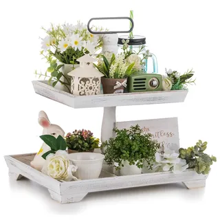 Hanobe Deko Tablett Etagere Holz: Weiß Gewaschen Holztablett Groß Rechteckig mit 2 Ebenen Bauernhaus Dekotablett Vintage Shabby serviertablett für Home Kaffeeecke Duschraum