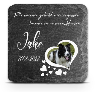 TULLUN Individueller Personalisiert Tiergrabstein Schiefer Gedenkstein für Hund, Katze und andere Haustiere - Größe 10 x 10 cm - Herz Foto