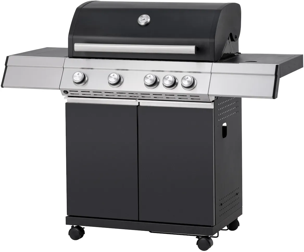 Tarrington House 4-Hauptbrenner + Seitenbrenner Gasgrill Paxton, Grillfläche 41 x 71 cm, Ablagetisch, fahrbar, Stahl, mattschwarz
