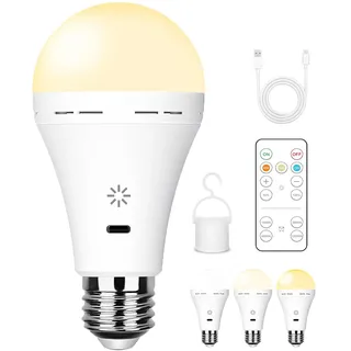 BOBOPAI USB Aufladbare Glühbirne Mit Fernbedienung, 3 Farbtemperaturen, E27 LED Dimmbare Batterie Glühbirne, 7W Touch Control Lampe Mit Timing Funktion, Akku Lampen Mit Haken, 2600mAh,1 pack