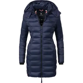 Marikoo Damen, Wintermantel Warmer Steppmantel lang mit schmaler Steppung blau, L (40),