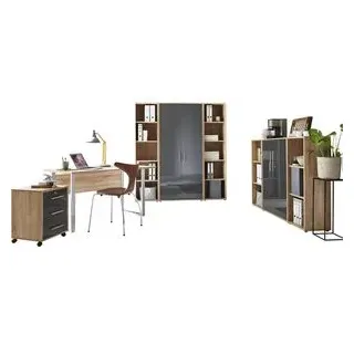 BMG-Möbel Büromöbel-Set Tabor Mini Kombi 5, Schreibtisch 2 Schränke & 4 Regale eiche/anthrazit
