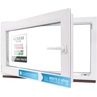 Kellerfenster Kunststofffenster weiß, BxH: 50 x 50 cm / 500 x 500 mm 3-fach Verglasung (32 mm) Dreh-Kipp inkl. Pilzkopfverriegelung, DIN Links (Griff Rechts), 60 mm Profil