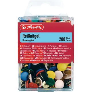 Herlitz Reißnagel rund, kunststoffummanteltes Metall, 200 Stück in Hängebox, farbig sortiert