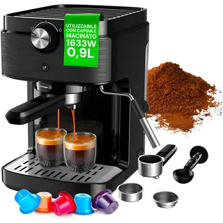 Avilia Kaffeemaschine für Mahlwerk und Kapseln mit Dampfdüse 1633 W 20 Bar Druck – kompaktes und elegantes Design mit 0,9 l Tank für einen optimalen Kaffee wie in der Bar, Schwarz