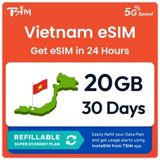 Vietnam eSIM | 20GB | 30 Tage | Nachfüllbarer Tarif | 5G Geschwindigkeit |Hotspot| Nur-Daten. QR-Code Wird innerhalb von 24 Stunden gesendet, scannen zur Aktivierung, Keine Telefonnummer enthalten.