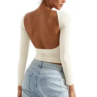 BTFONIA Rückenfreies Ausgeh-Oberteil for Damen, doppelt gefüttert, offener Rücken, Basic-Langarm(White,S) - S