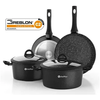Scheffler Topfset Induktion Scheffler Aluminium Kochgeschirr Set mit Glasdeckel, Töpfe und Pfannen mit Antihaftbeschichtung und echten Steinpartikeln (HL-21PS61)