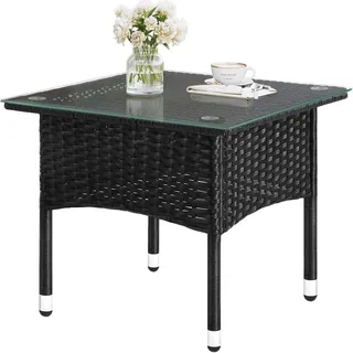 Woltu Polyrattan Beistelltisch Wetterfest mit Glasplatte für Balkon Terrasse Garten, 50x45,5x50 cm, Schwarz - Woltu