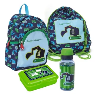 COPPENRATH DIE SPIEGELBURG Kindergartentasche Kleine Freunde Bagger (Set, 4-tlg., inkl. Turnbeutel, Brotdose und Trinkflasche), Kleine Freunde - Bagger -Motiv, Baustellen Fahrzeug Auto blau|grün