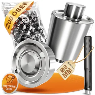CRAFTUS® Stanzkopf Set (Ø 8mm) für die Alpha Ösenzange – Inkl. 200 rostfreie Edelstahl Ösen & Locheisen – Einfacher Wechsel Dank Schraubgewinde – Ideal für Planen, Banner, Vorhänge UVM.