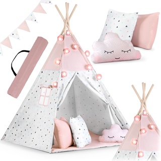 NUKIDO Kindertipi im Montessori-Stil Baumwolle und Holzrahmen mit Isoliermatte 3 Kissen Girlande Luftig Rosa