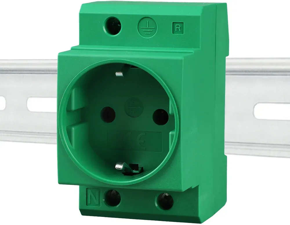 Schuko Steckdose für Hutschiene in Grün 16A 230V 2P+E für 35mm DIN Trägerschienenmontage