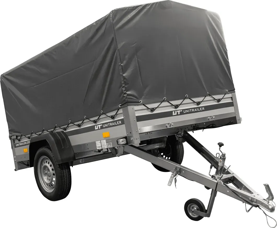Einachsanhänger mit ALU-Bordwänden 230x125 Unitrailer Garden 230 KIPP ALU mit H-800 Rahmen und grauer Plane
