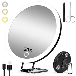 Suupvaor 20X Vergrößerungsspiegel mit Licht, 3 Farben dimmender beleuchteter 20fach wiederaufladbar großer 15cm Makeup Spiegel mit Saugnäpfen und 360° Tischständer
