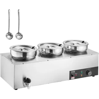 Vevor elektrischer Suppenwärmer Speisenwärmer 3 x 7,4 Qt, kommerzieller Speisenwärmer 1200 W, einstellbare Temperatur von 30–85 °C, mit Trockenbrandschutz und Reset-Taste, für Restaurant, Buffet