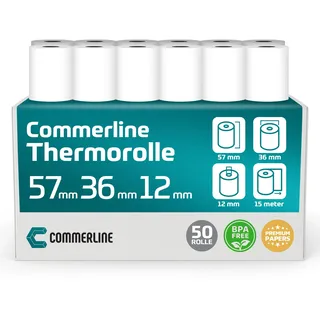 Commerline Thermorollen 57mm x 36mm x 12mm, 15 Meter, 50 Rolle, Ec rollen, Bonrollen Ec gerät, Thermopapier, Kassenrollen