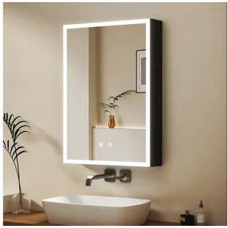 WDWRITTI Badezimmerspiegelschrank mit LED Beleuchtung Spiegelschrank Schwarz mit ohne Steckdose (80x60, 50x70, 40x60cm, Alu-Schranktür, Doppelseitiger Spiegel, 2Touch, Anti-fog, 3Lichtmodi, Dimmbar, Memory) mit Netzadapter, Verstellbare Glasböden schwarz 40 cm x 60 cm x 13 cm