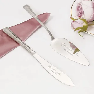 Tortenheber inkl. Tortenmesser im Set mit Gravur, Personalisiertes Hochzeitstortenmesser Servierset, Kuchenschneideset Edelstahl, Torten Kuchen Besteck, Hochzeit, Jahrestag, Geburtstag (Silber)