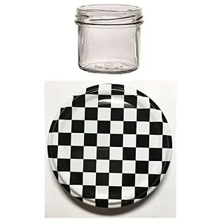 50er Set Sturzgläser 125 ml Marmeladengläser Einmachgläser Einweckgläser To 66 SCHWARZ WEISS Karriert Flagge Deckel Vitrea