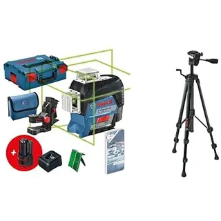 Bosch Professional 12V System Linienlaser GLL 3-80 CG (2x Akku 12 V, bis 30 m, in L-BOXX) – Amazon Edition & Baustativ für Laser und Nivelliergeräte BT 150 (Höhe: 55–157 cm, Gewinde: 1/4 Zoll)