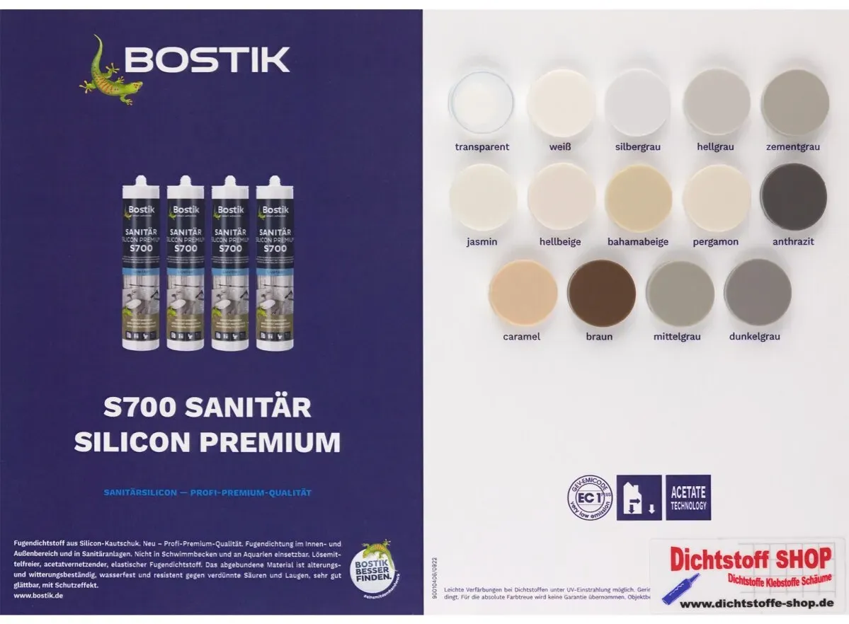 Bostik S700 Sanitärsilicon Premium Silikon Dichtstoff Farbkarte-Tupfenkarte