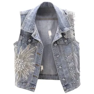 Damen-Jeansweste Mit Revers – Geknöpfte, Ärmellose Jeansjacke, Damen-Jeansweste Mit Spitzenperlen, Lockere Cowboy-Weste In Übergröße Mit Pattentaschen, Blau, L - L