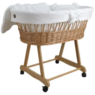 Babymajawelt Stubenwagen Komplett Set mit Musselin Ausstattung, Ohne Baldachin, Rollen, Weidenkorb Natur, Bett Set + Matratze weiß