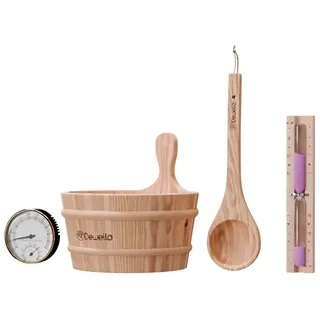 Dewello Dewello® Sauna Zubehör Set Saunathermometer, Hygrometer, Sanduhr, Aufguss Eimer | Saunakelle Saunazubehör für Zuhause