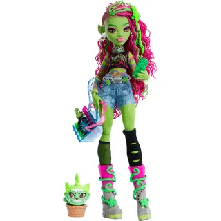 Monster High Venus McFlytrap-Puppe mit Pflanzenmonstertier Katze Chewlian und Zubehör wie Rucksack, Notizbuch, Snacks und mehr, HRP81