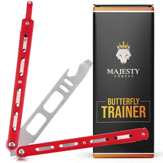MAJESTY FOREST® Butterfly Trainer (Red) - Balisong Trainingsmesser mit E-Book zum Tricks lernen - Integrierter Flaschenöffner und Schraubendreher