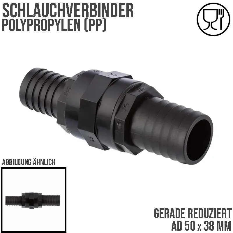 50 x 38 mm PP Schlauch Verbinder reduziert 2-fach Stutzen Tülle Pool Teich Garte...