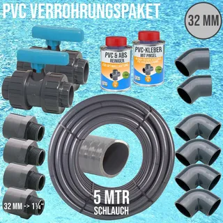 32 mm PVC Klebe Fittings Verrohrungspaket Pool Schwimmbad Schlauch FLEX (1 1/4)..."