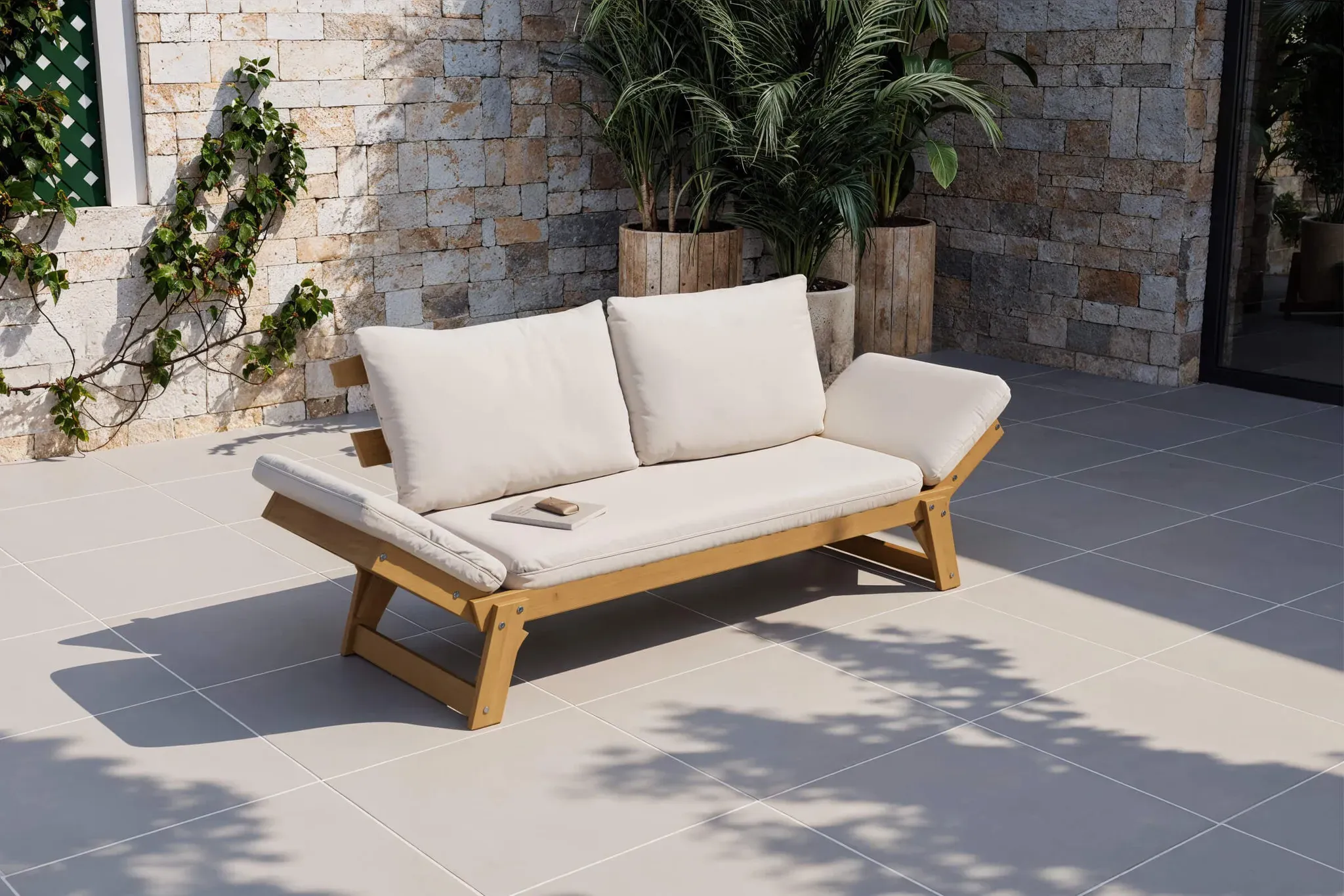 OUTFLEXX Bali Lounge/Liege, creme/natur, Akazie/Polyester, geölt, 198 x 68 x 78 cm, verstellbar, inkl. Kissen, FSC®-zertifiziertes Produkt