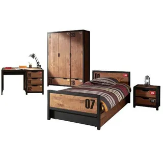 58 aufm Kessel Jugendzimmer-Set Kinderzimmer Set komplett Kameko 9 Massivholz+MDF Schwarz/Cognac, (inkl. Versand, Lieferung bis Verwendungsstelle), Nachtkonsole, Einzelbett, Bettschublade, Kleiderschrank, Schreibtisch beige|schwarz