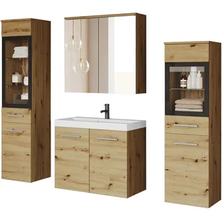 WELLTIME Badmöbel-Set »MADRIT II, Schrank mit Waschbecken, 2 Hänger, Spiegelschrank«, (Komplett-Set, 5 St.), Hängende Badmöbel mit Glaseinsätzen – in vielen Farben erhältlich