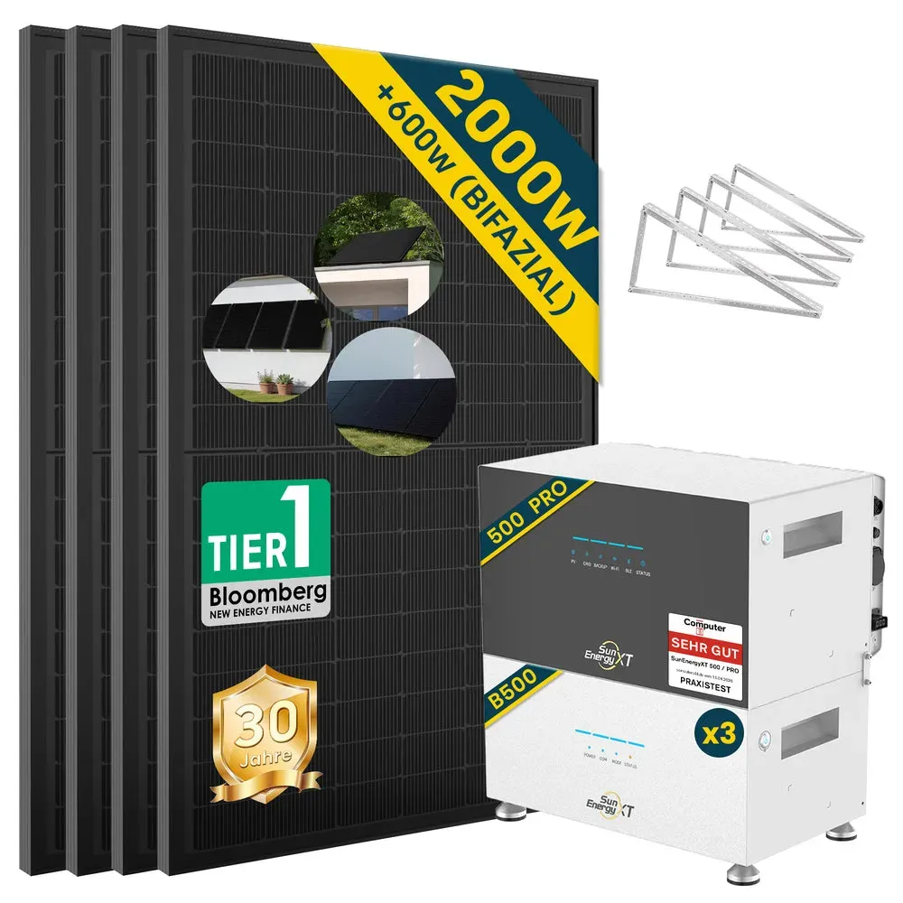 2000 Watt Balkonkraftwerk mit SunenergyXT 500 Pro Speicher - 500W x4 / 3xB500 Erweiterungsakku (15.06 kWh) / Mit Flachdach-Halterung