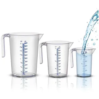 BigDean Messbecher-Set - 3 Größen: 500ml, 1L, 2L - bruchsicher, temperaturbeständig, farbige Skala transparent & blau - aus PP-Kunststoff lebensmittelecht - Made in Germany