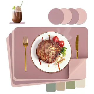 HELI MIAO Tischsets Abwaschbar,Platzsets Abwischbar,Tischset Leder,Hitzebeständig Doppelseitigen I 4er Set Platzdeckchen Lederoptik mit Untersetzer,Tischuntersetzer,Platzdecken Lila + Rosa