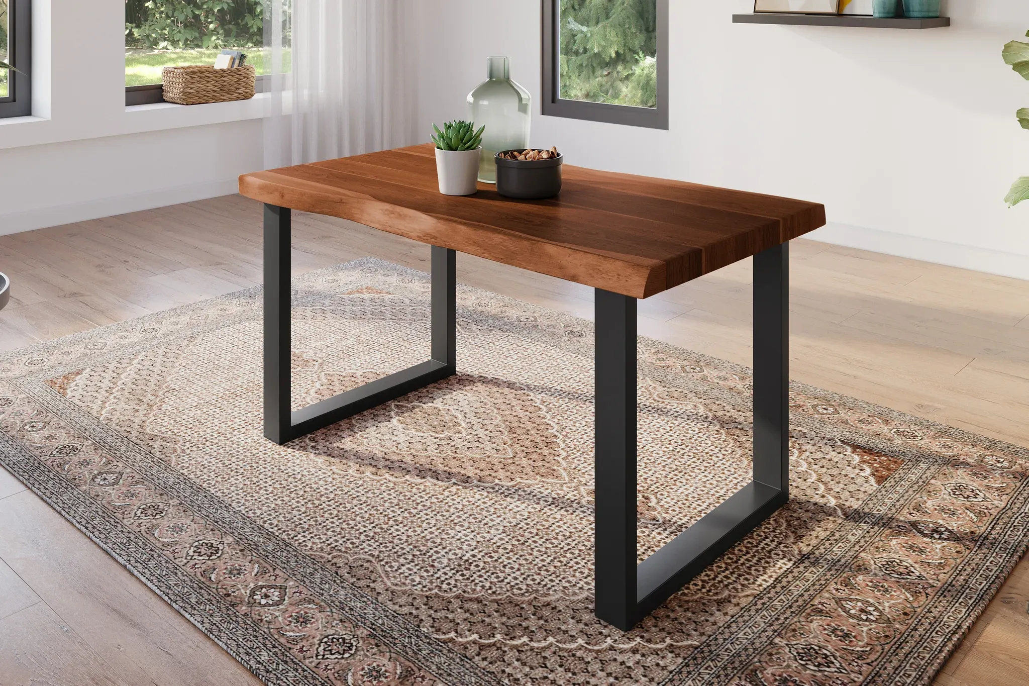 Esstisch 140 x 80 cm Akazie massiv nussbaum Baumkantentisch U-Gestell schwarz ATLAS