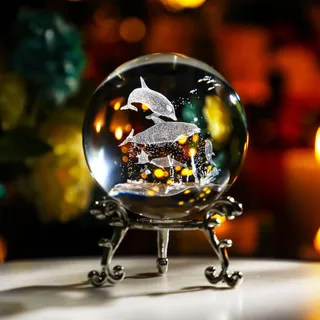HDCRYSTALGIFTS Delfin-Kristallkugel, Briefbeschwerer mit Ständer, 60 mm, 3D-Lasergravur von Meerestierfiguren, Glaskugeln, dekorative Kugeln, transparent