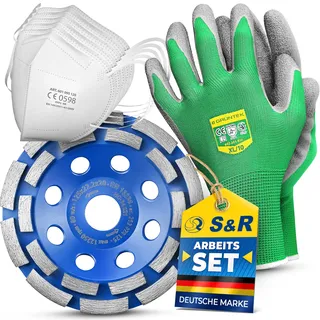 S&R Diamantschleiftopf Set 3-tlg, 1 Schleiftopf, 1 Paar Arbeitshandschuhe, 5 Staubschutzmasken, 125 x 22,23 mm für Beton, Granit, Naturstein, Stein, Mauerwerk, 2-reihig, für Winkelschleifer