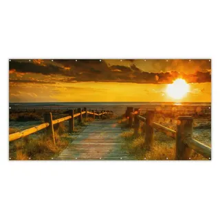 MuchoWow Balkonsichtschutz Sonne - Strand - Düne - Horizont - Gras - Weg - Orange (1-St) Balkonverkleidung Wetterfest, Windschutz Terrasse, 300x120 cm 300 cm x 120 cm