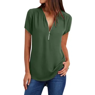 Tunika Damen 1/4 Reißverschluss Bluse mit V-Ausschnitt Kurzarm Tshirt Große Größen Longbluse Elegant Einfarbig Blusenshirt Sommer Tops Hemdbluse T Shirt Lose Oberteile Blusen & Tuniken für Damen
