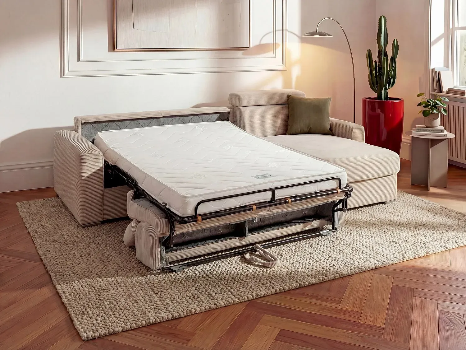 Ecksofa mit Matratze - Ecke wechselbar - Cord - Beige - Liegefläche mit Lattenrost mit breiten Latten 160 cm - Matratze 22 cm - Memory Schaum - VIZIR