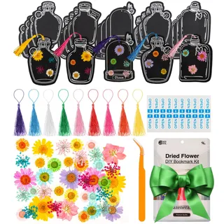 Trockenblumen-Lesezeichen zum Selbermachen – enthält gepresste Blumen, transparente Flaschenglasbögen, Quasten, Pinzette, Aufkleber – komplettes Kunst-Bastelset für einzigartige, personalisierte