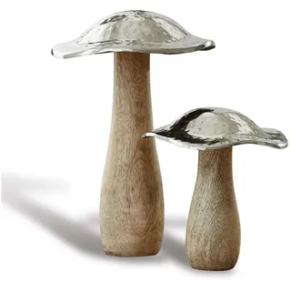 Loberon Deko-Pilz 2er Set Boletus - 2 Größen - Tischdeko fürs Wohnzimmer - Handgehämmertes Aluminium - Mangoholz - Herbstliches Wohnaccessoire