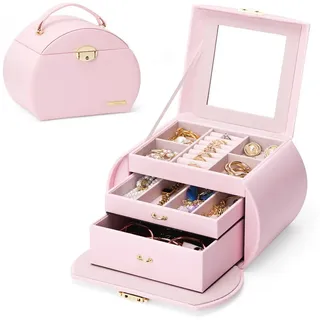 Yorbay Seelux Schmuckkästchen mit 3 Ebenen, abschließbar mit Spiegel, Seelux Serie Schmuckkasten für Halsketten, Armbanduhren, Ringe, Armbänder, Ohrringe (Hellrosa + Gold)