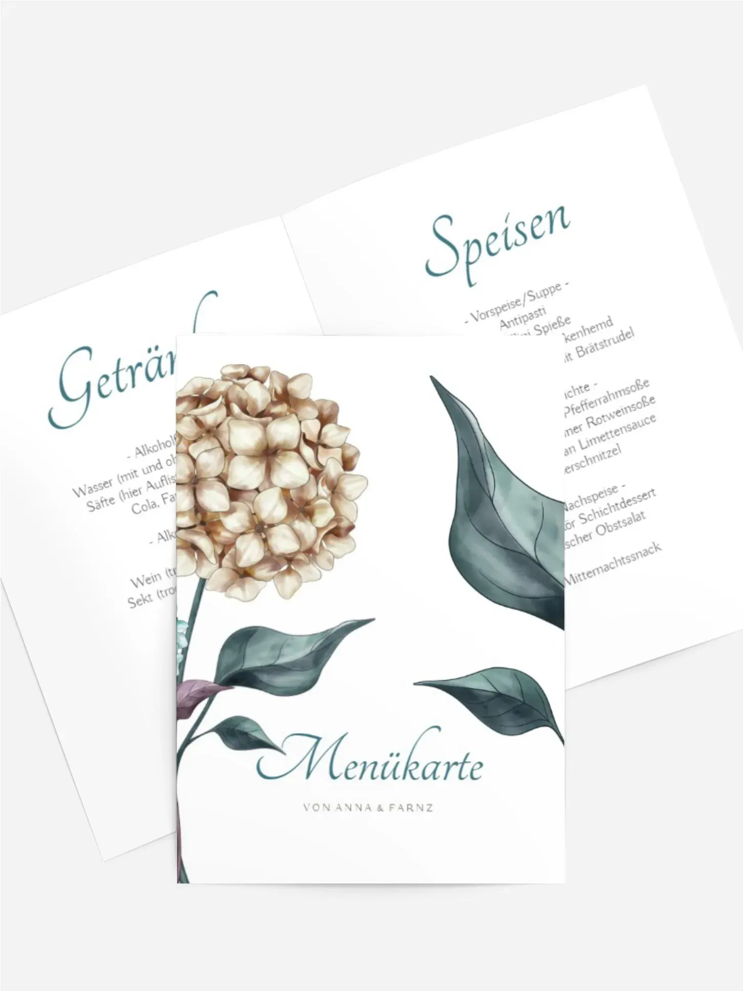 Menükarten Hochzeit selbst gestalten mit Spruch und Fotos im Onlinedesigner bei Meine-Kartenmanufaktur.de